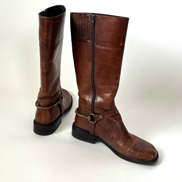 CHICEST VINTAGE BROWN LEATHER EQUESTRIAN RIDING BOOTS BRASS HEEL HARDWARE - 8.5 - Picture 3 of 10
